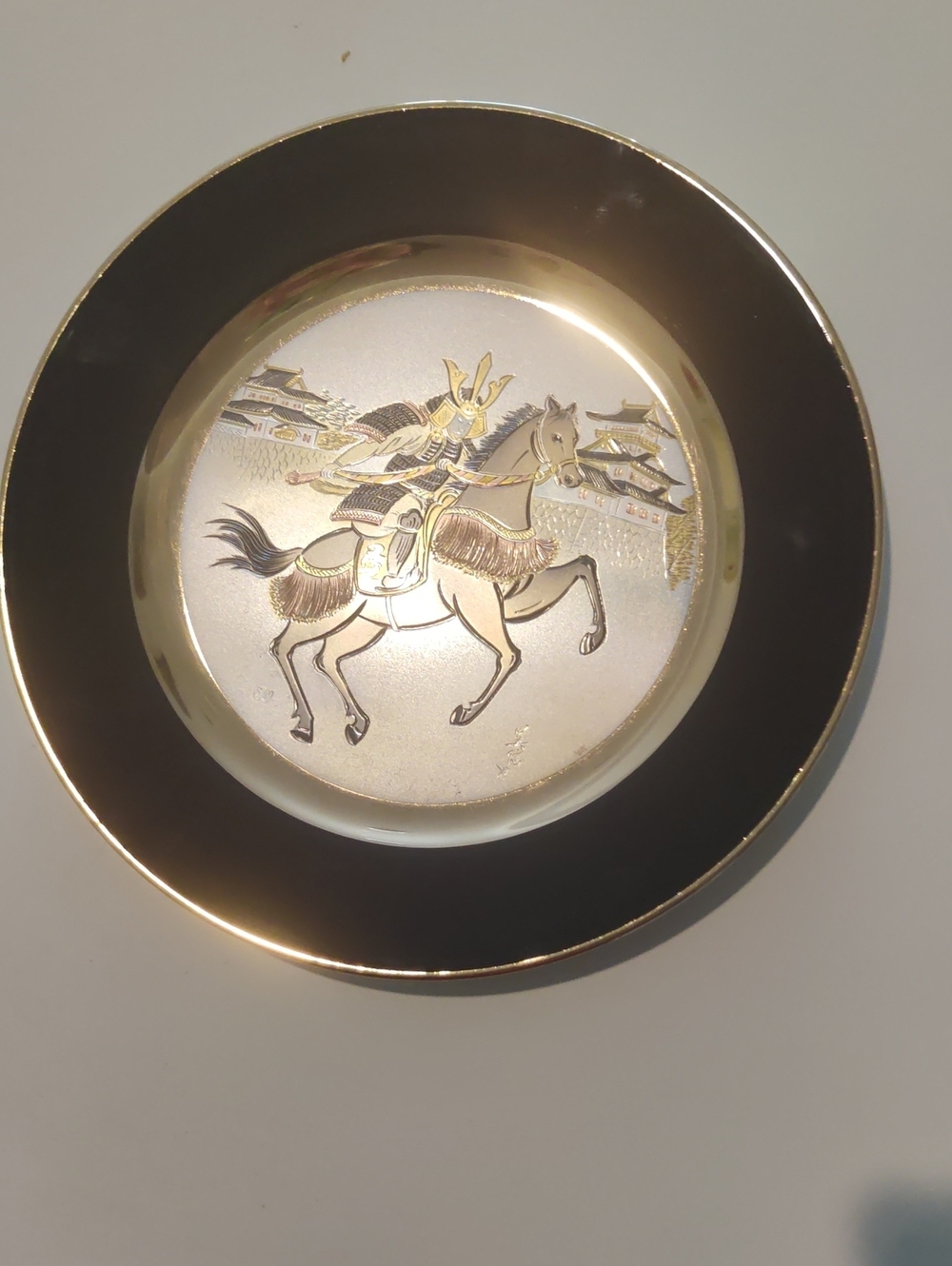 Vintage Chokin Samurai on Horseback 24K Gold Edged Collector Plate...Japan